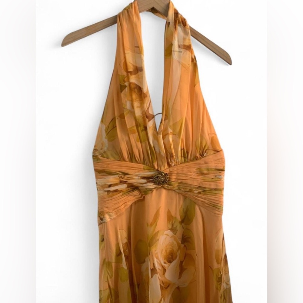 Maggy London Yellow Floral silk halter  Dress gold embellishment backless size10 - Picture 3 of 8